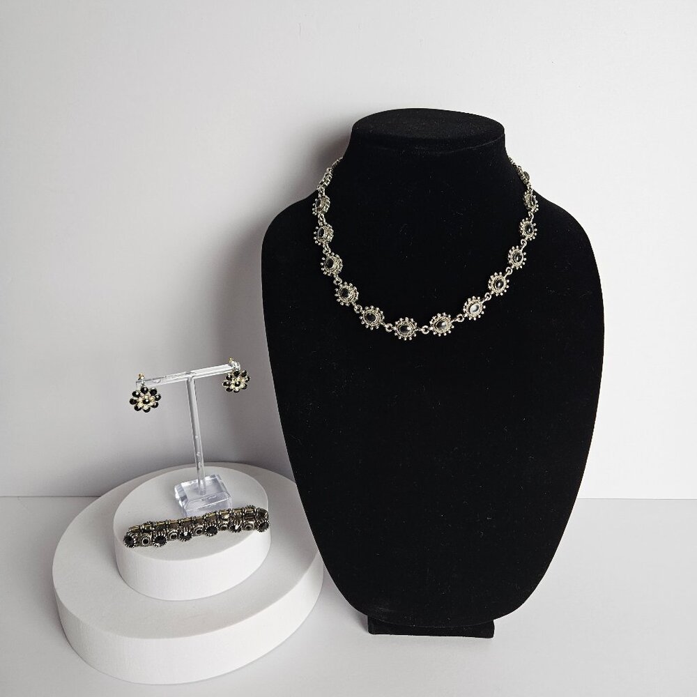 Silver Tone Necklace, Earring, Bracelet Jewelry Set Western Style w/ Black Stone
